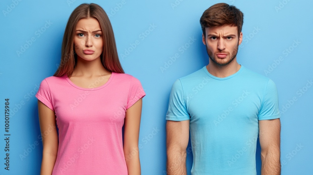 Fototapeta premium A woman wearing a pink shirt and a man in a blue shirt stand side by side, showcasing differing facial expressions that highlight their emotions against a bright, solid background