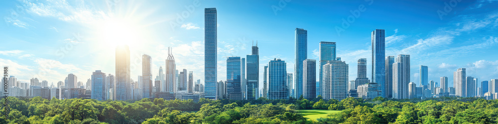 panoramic view of modern smart city skyline with lush greenery in foreground, showcasing blend of nature and urban architecture under bright blue sky panoramic view of modern smart city skyline with lush greenery in foreground, showcasing blend of nature and urban architecture under bright blue sky