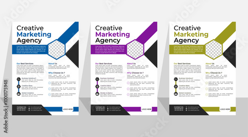 a bundle of 3 templates of different colors a4 flyer template, modern business flyer template, geometric business flyer and creative design , editable vector template design