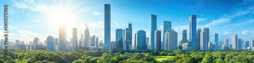 panoramic view of modern smart city skyline with lush greenery in foreground, showcasing blend of nature and urban architecture under bright blue sky