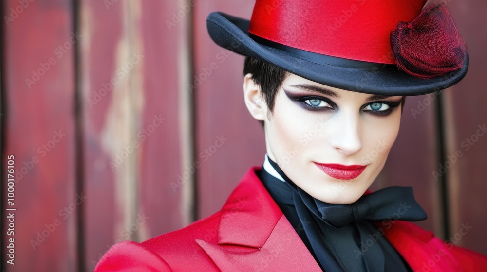 A confident performer poses with a striking red tuxedo and tall top hat, featuring bold eye makeup and striking red lips, set against a rustic wooden wall. The atmosphere is vibrant and engaging A confident performer poses with a striking red tuxedo and tall top hat, featuring bold eye makeup and striking red lips, set against a rustic wooden wall. The atmosphere is vibrant and engaging