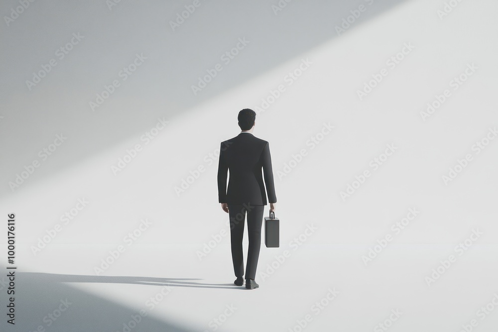 A Businessman in a Suit Walks Toward the Light in a White Room A Businessman in a Suit Walks Toward the Light in a White Room