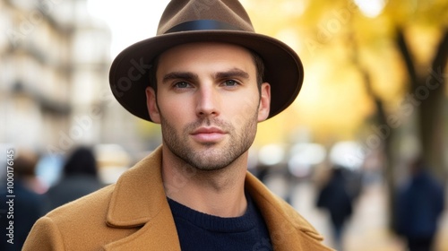 A young man stands confidently on a bustling city street, adorned in a warm coat and a fashionable hat, surrounded by autumn foliage and lively passersby