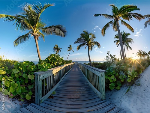 Wooden walkway leading to the sea with palm trees at sunset