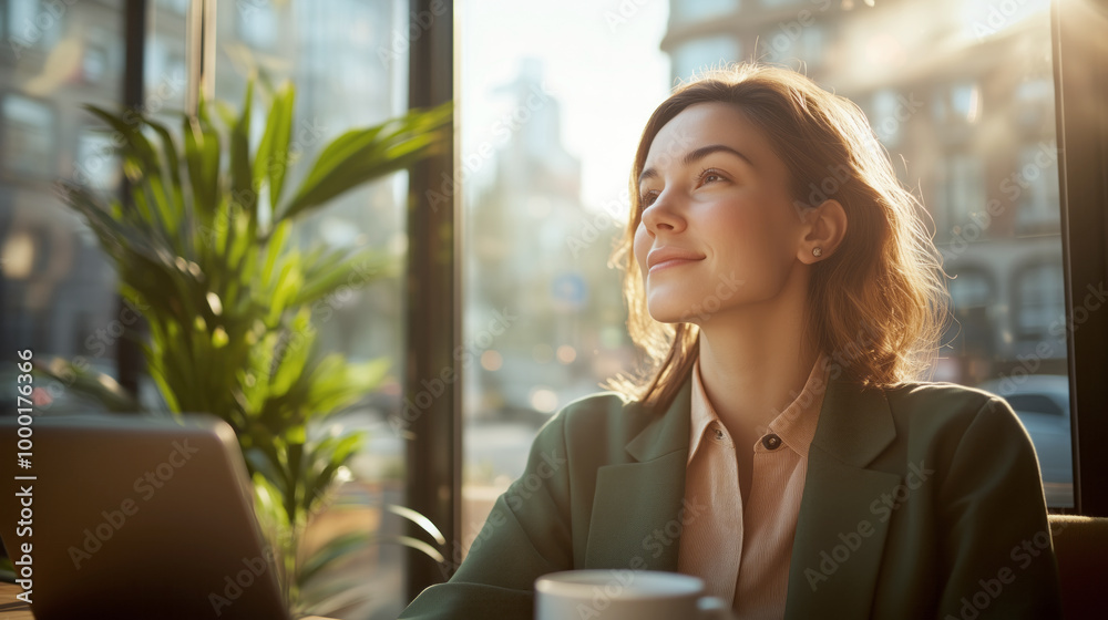 Woman reflecting in a cozy cafe with sunlight streaming in Woman reflecting in a cozy cafe with sunlight streaming in