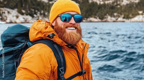 A man with a vibrant orange jacket and yellow beanie poses happily near a lake, surrounded by beautiful nature. He is ready for an outdoor adventure, showcasing his enthusiasm for exploration