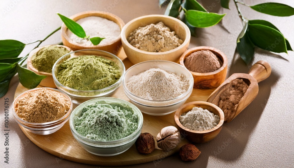 Natural cosmetics concept with various kinds of cosmetic clays and herbs Natural cosmetics concept with various kinds of cosmetic clays and herbs