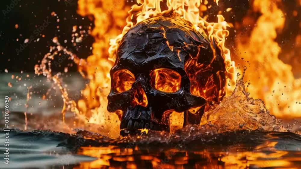 Burning Cyber Skull Emerging from Mystic Lake with Fiery Water Splashes Burning Cyber Skull Emerging from Mystic Lake with Fiery Water Splashes
