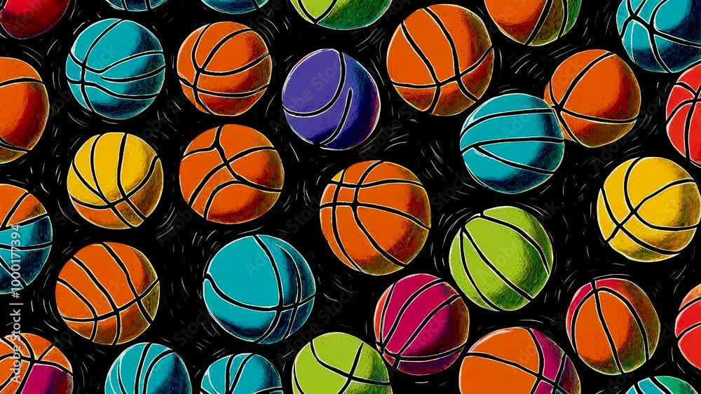 Stop motion loop hand drawn animation, black background with multicolored basketball balls in different sizes Stop motion loop hand drawn animation, black background with multicolored basketball balls in different sizes