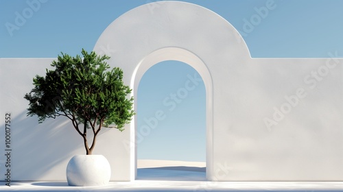 A sleek, white archway frames a single potted tree in a minimalist outdoor area. The design emphasizes simplicity with a clear blue sky above and smooth surfaces around photo