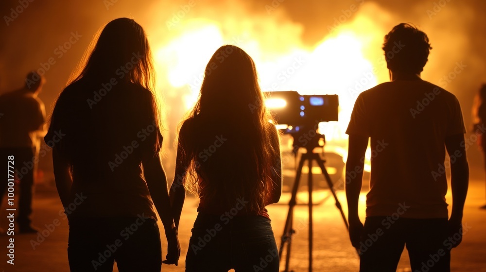 Fototapeta premium In the darkness of night, three people stand side by side, holding hands, as they gaze at a roaring fire that consumes a car, with a camera set up nearby to capture the moment