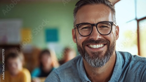 A joyful male educator with glasses sits at his desk, smiling warmly as he interacts with students in a vibrant classroom filled with natural light and colorful displays