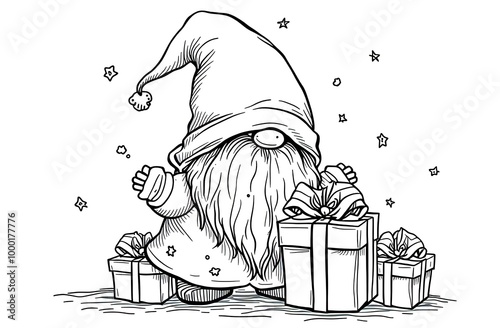 Christmas Happy gnome coloring page for children. Merry Christmas Black and white  illustration for coloring book. photo