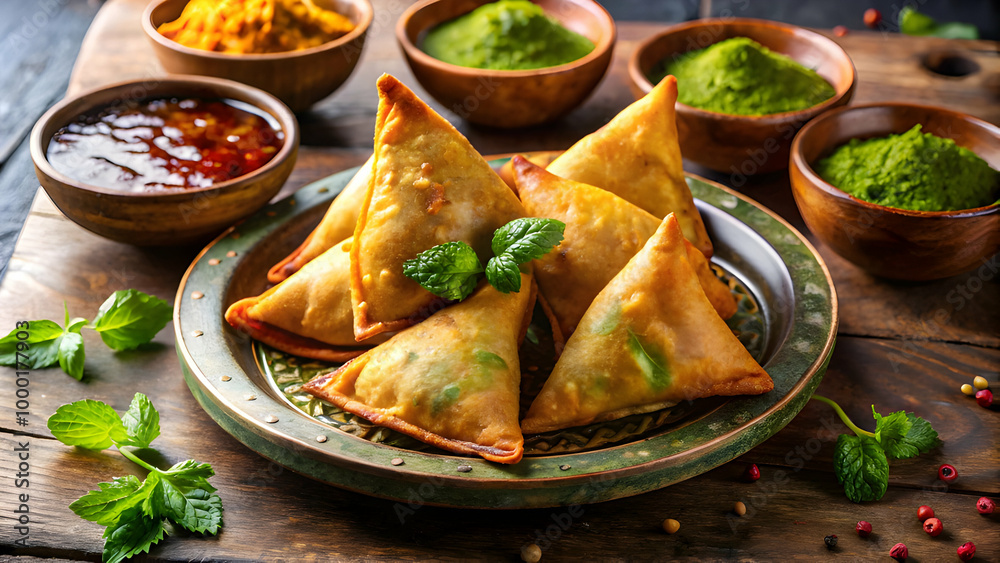Traditional South Asian snack, samosas, garnished with fresh mint leaves and served on a rustic plate. Traditional South Asian snack, samosas, garnished with fresh mint leaves and served on a rustic plate.