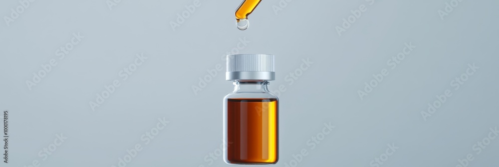 A dropper bottle of essential oil with a single drop falling from the dropper. The bottle is clear and the oil is a rich amber color. This image symbolizes purity, health, wellness, nature, and aroma A dropper bottle of essential oil with a single drop falling from the dropper. The bottle is clear and the oil is a rich amber color. This image symbolizes purity, health, wellness, nature, and aroma