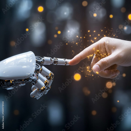 Close-up of a human hand and a robot index finger pointing at each other.