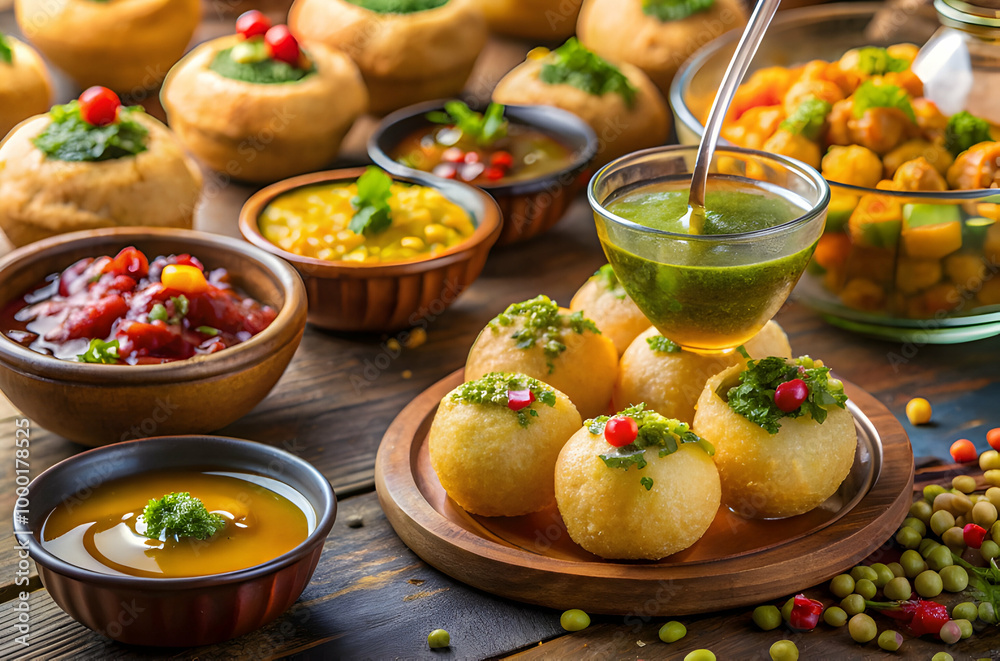 Authentic Indian street food, Panipuri, served in a rustic setting with traditional bowls and chutneys. Authentic Indian street food, Panipuri, served in a rustic setting with traditional bowls and chutneys.