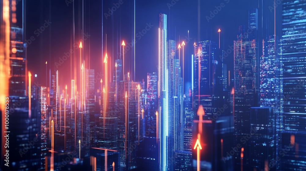 New York city skyscrapers with glowing rising arrow lines, internet connection hologram. Concept of smart city, futuristic technologies and global business communication New York city skyscrapers with glowing rising arrow lines, internet connection hologram. Concept of smart city, futuristic technologies and global business communication