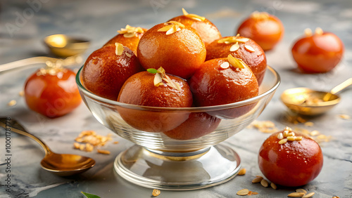 A bowl of Gulab Jamun, a popular Indian sweet photo