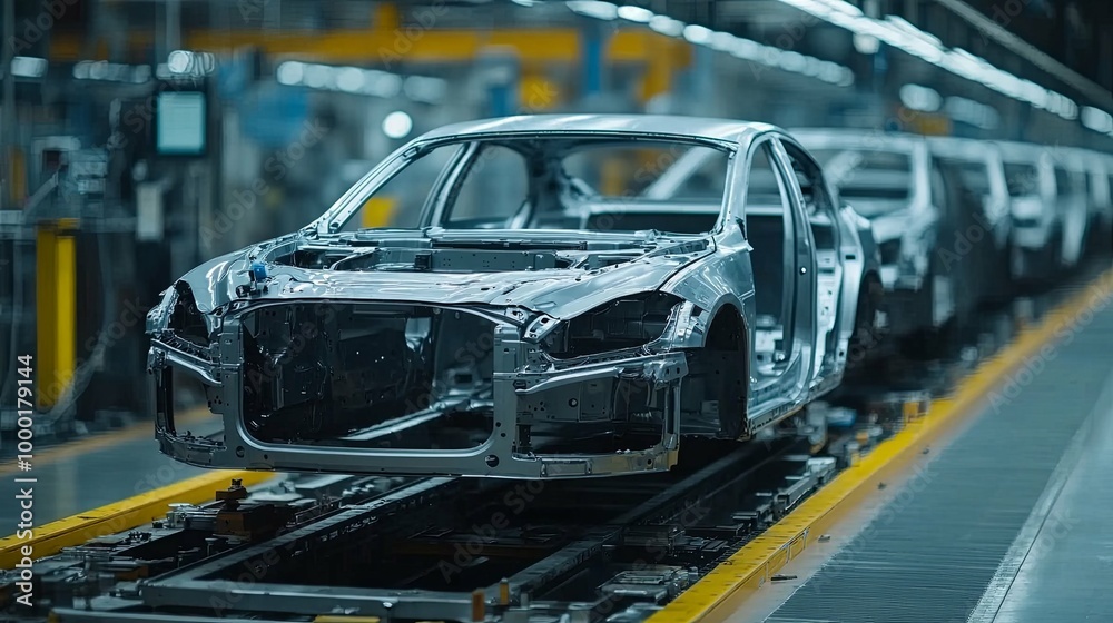 Unfinished Car Body on Assembly Line in Factory