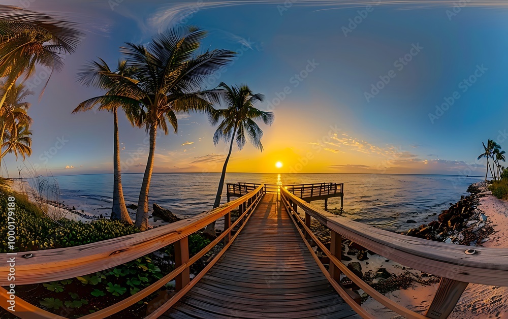 Fototapeta premium Wooden walkway leading to the sea with palm trees at sunset