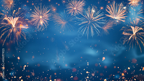 Fireworks light up the sky with dazzling display blue background use for birthday, new year, party calibration, Chinese new year.
