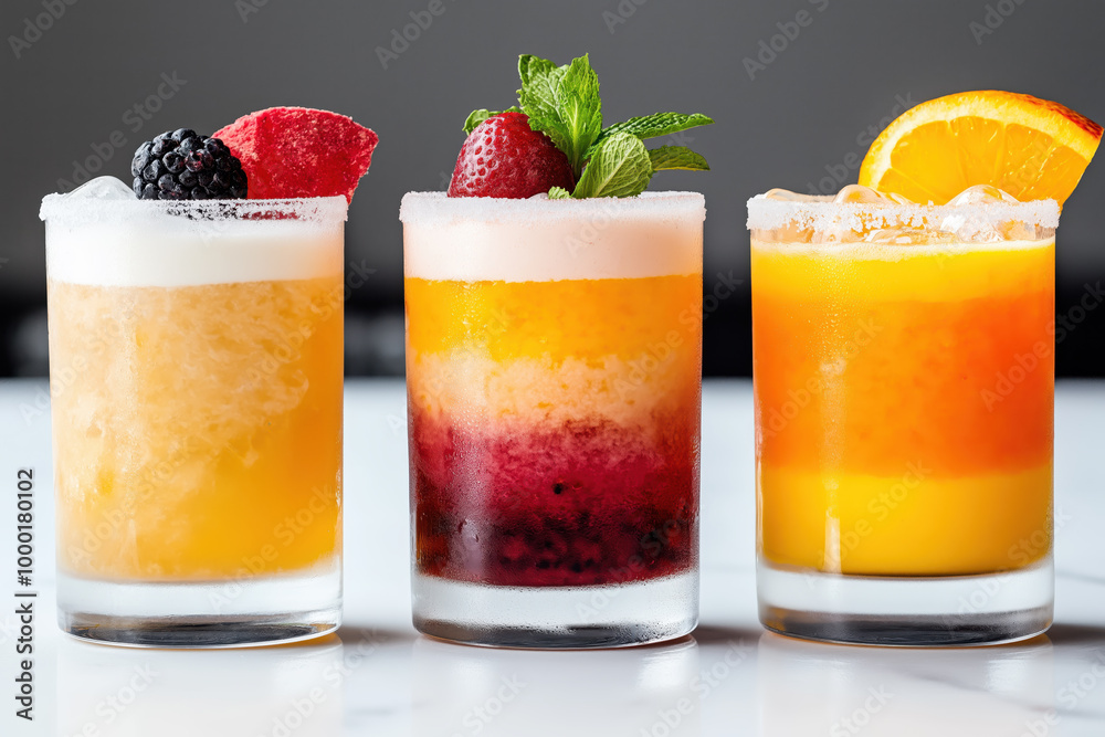 Three colorful fresh fruit cocktails with garnishes on a white table Three colorful fresh fruit cocktails with garnishes on a white table