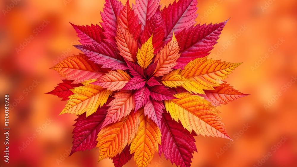 Vibrant autumn leaf arrangement in starburst pattern. Vibrant autumn leaf arrangement in starburst pattern.