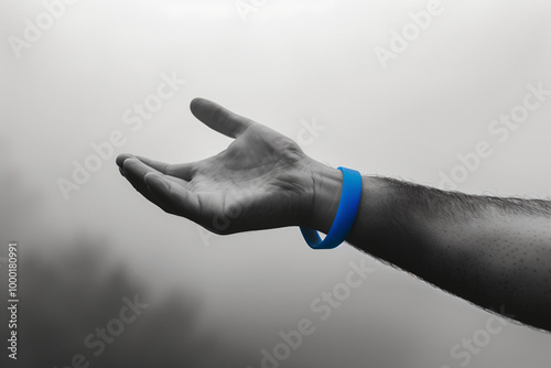 Monochrome photo of a hand reaching out with the palm upward wearing a blue bracelet or band. Light background with copy spcae. photo