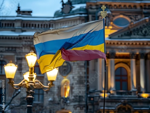 National flag of Ukraine on the facade of building in Lviv, Ukraine photo