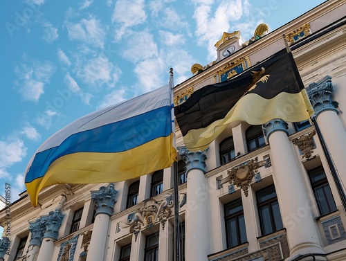 National flag of Ukraine on the facade of building in Lviv, Ukraine photo