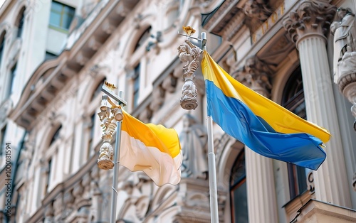 National flag of Ukraine on the facade of building in Lviv, Ukraine photo