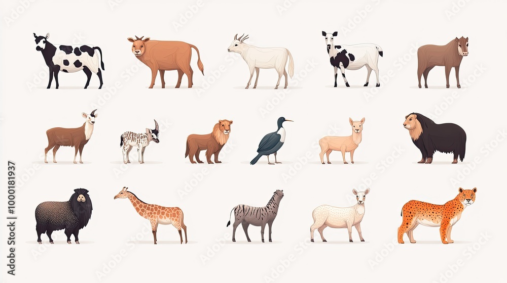 Cute animals collection farm animals wild animals marina animals isolated on white background. Illustration design template Cute animals collection farm animals wild animals marina animals isolated on white background. Illustration design template
