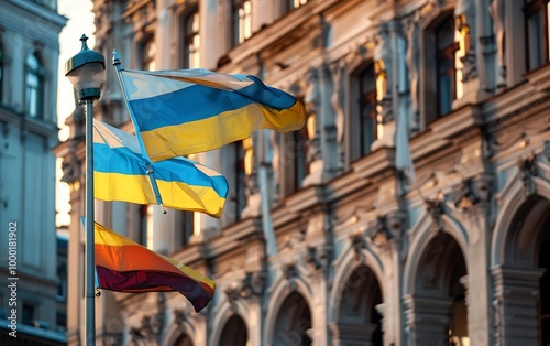 National flag of Ukraine on the facade of building in Lviv, Ukraine photo