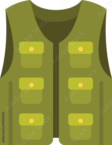 Green hunter vest with many pockets for tools is lying on white background, hunting clothes concept