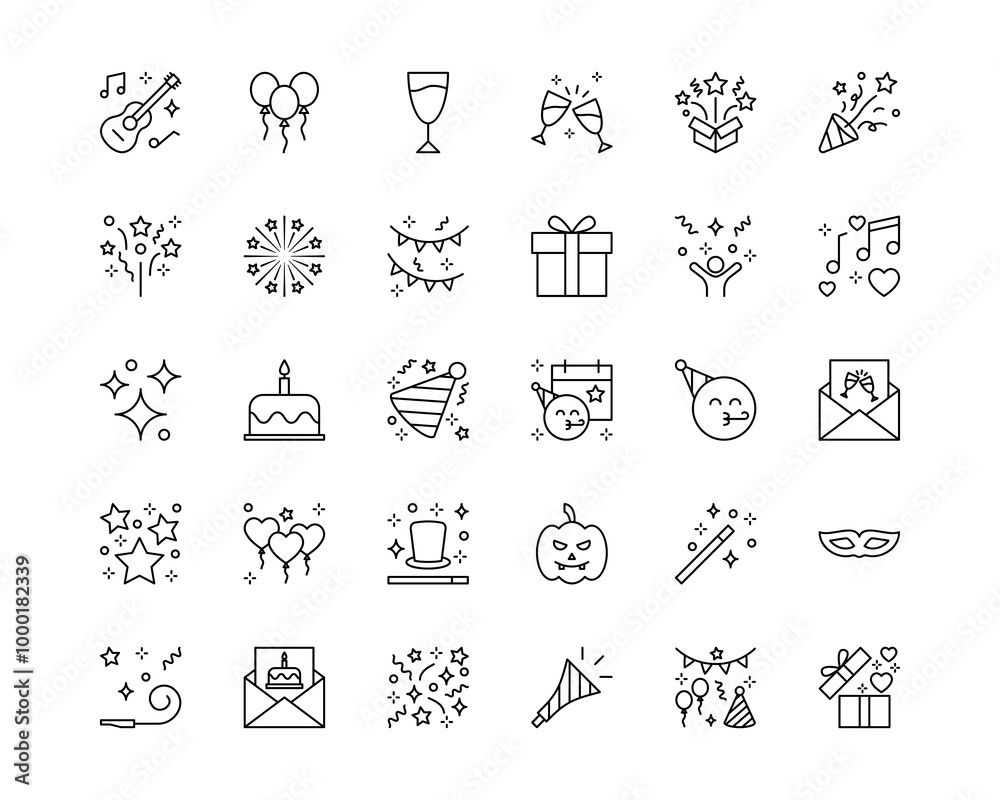 Party line icon set. Included icons as new year, celebration, fireworks, music, magician, birthday cake, present, balloons, halloween and more Party line icon set. Included icons as new year, celebration, fireworks, music, magician, birthday cake, present, balloons, halloween and more