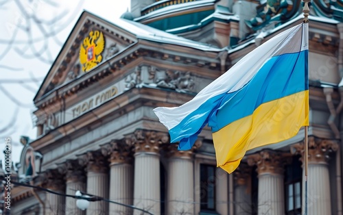 National flag of Ukraine on the facade of building in Lviv, Ukraine photo