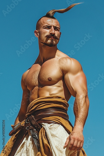 Outstanding courage concept. Portrait of Ukrainian Zaporizhzhian Mystic Cossack on blue sky background. Low angle. Traditional haircut - oseledets. Oudoor shot photo