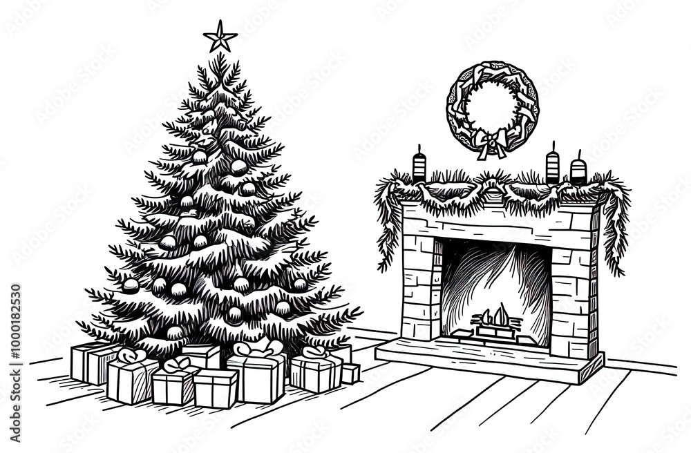 Fototapeta premium christmas tree near fireplace coloring page