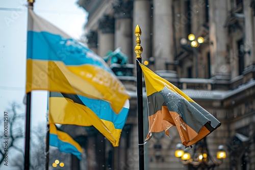 National flag of Ukraine on the facade of building in Lviv, Ukraine photo