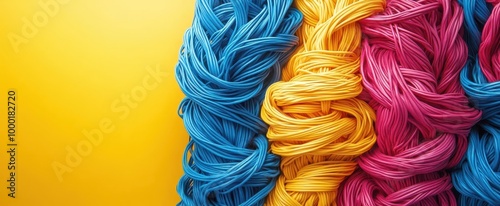 tangled mess of cords and electrical wires against a bright yellow background illustrating the chaotic yet colorful nature of modern technology and connectivity