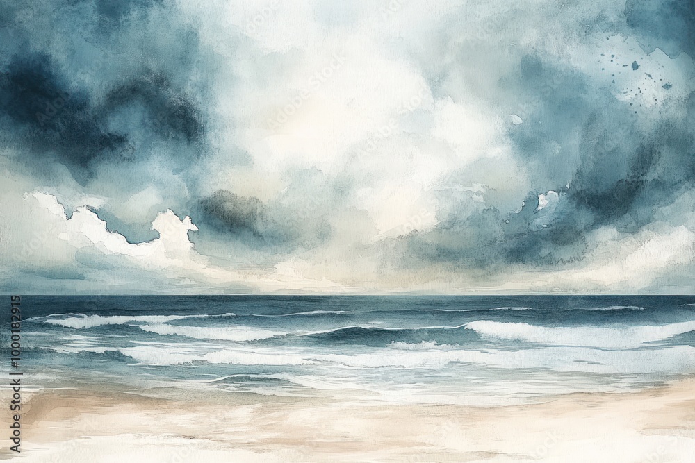 Fototapeta premium Watercolor Painting of a Seascape with Stormy Clouds