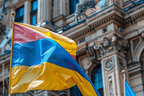 National flag of Ukraine on the facade of building in Lviv, Ukraine photo