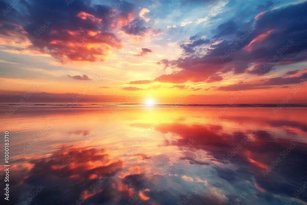 Fototapeta premium A Vibrant Sunset Reflected in Calm Ocean Waters