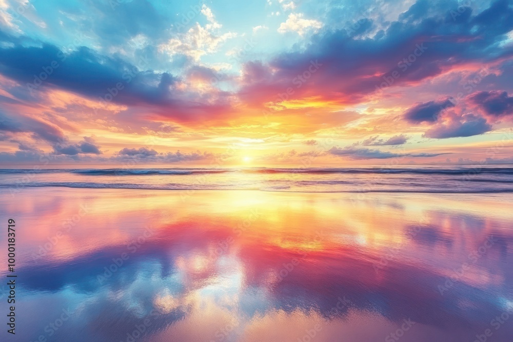 Fototapeta premium A Vibrant Sunset Reflecting in Calm Ocean Waters