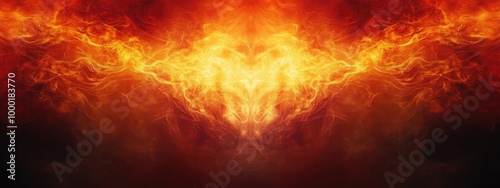 Dramatic fire and smoke effect glowing red and yellow colors exploding outwards with center space. Vivid and hot hell abstract or blazing fire background or wallpaper 