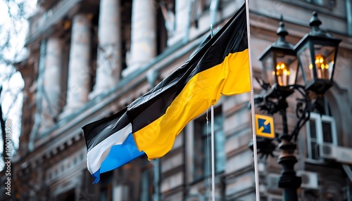 National flag of Ukraine on the facade of building in Lviv, Ukraine photo