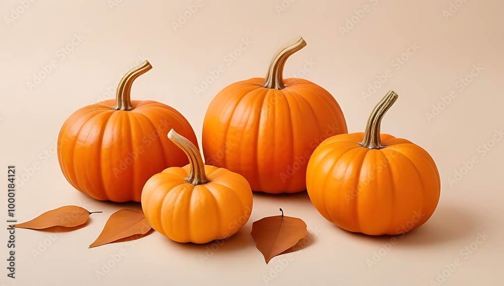 A flat lay of stylish Halloween pumpkins and dried leaves on a soft pastel beige background, creating an elegant autumn vibe A flat lay of stylish Halloween pumpkins and dried leaves on a soft pastel beige background, creating an elegant autumn vibe