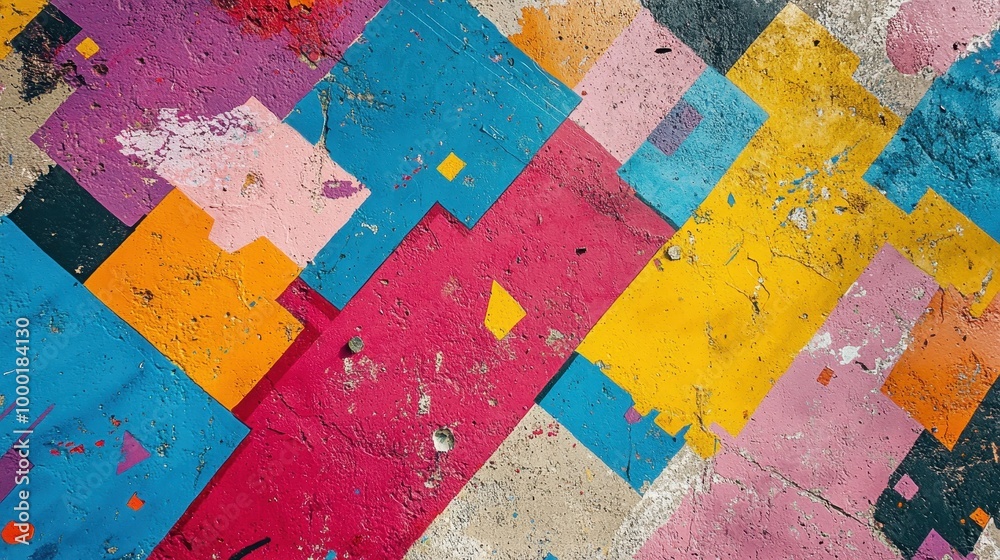 A vibrant mural showcasing a blend of colorful geometric shapes and textures on a concrete surface, perfect for artistic projects. A vibrant mural showcasing a blend of colorful geometric shapes and textures on a concrete surface, perfect for artistic projects.