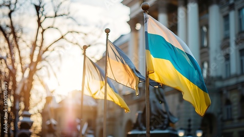 National flag of Ukraine on the facade of building in Lviv, Ukraine photo